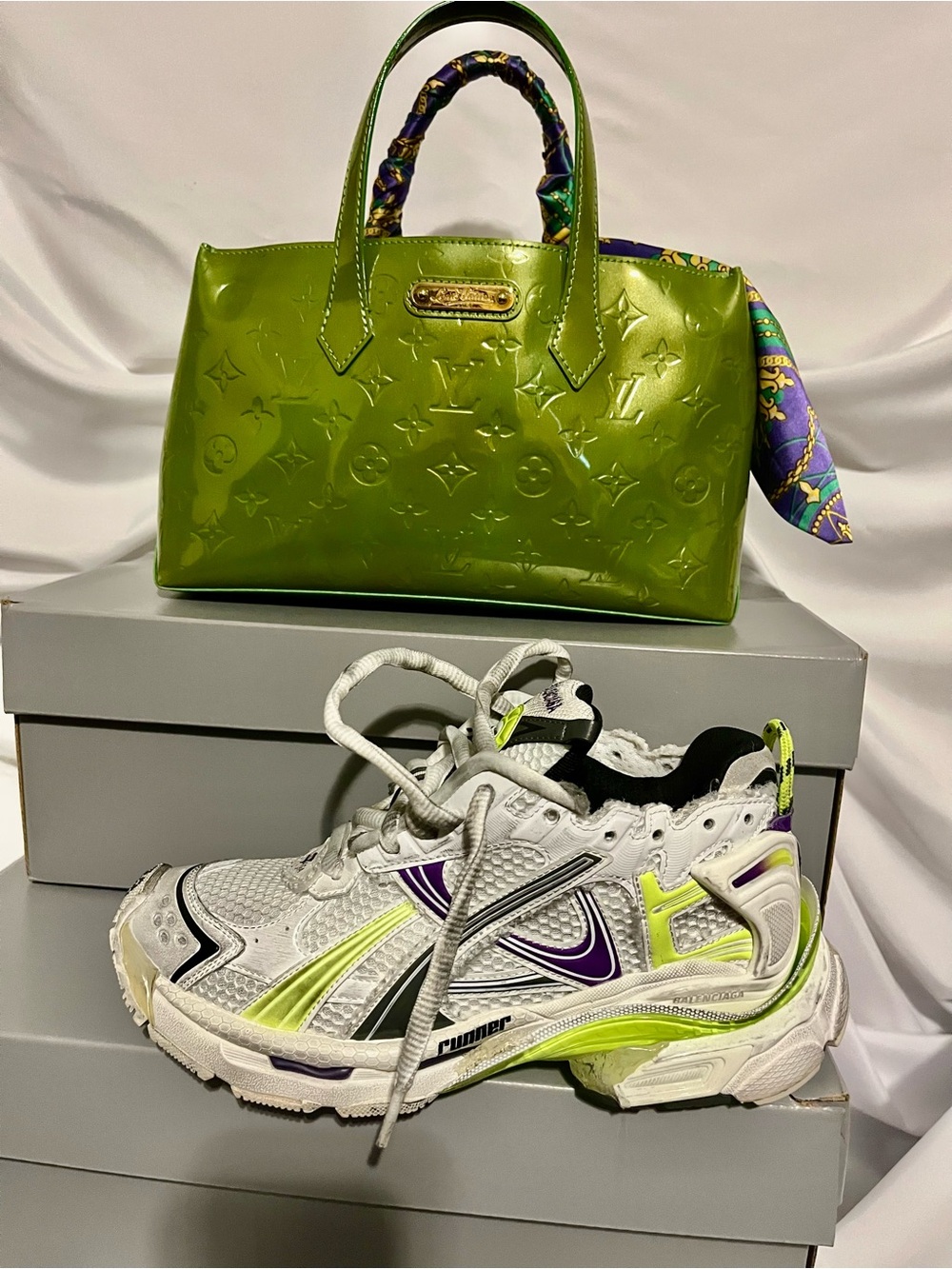 PURSE+SHOES Louis Vuitton Lime Green Vernis Alma Top Handle & Balenciago Runner